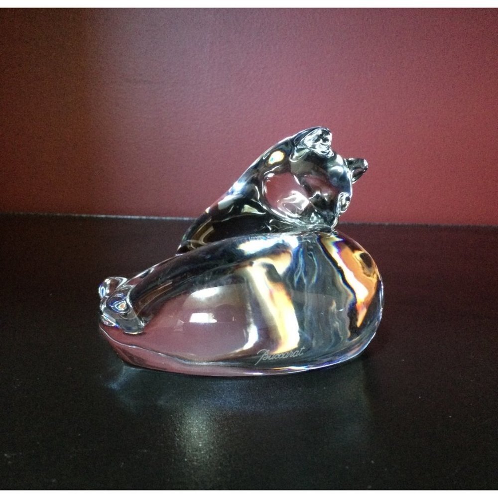 Baccarat Crystal Glass Cat Kitten Figurine Paperweight France Clear Signed